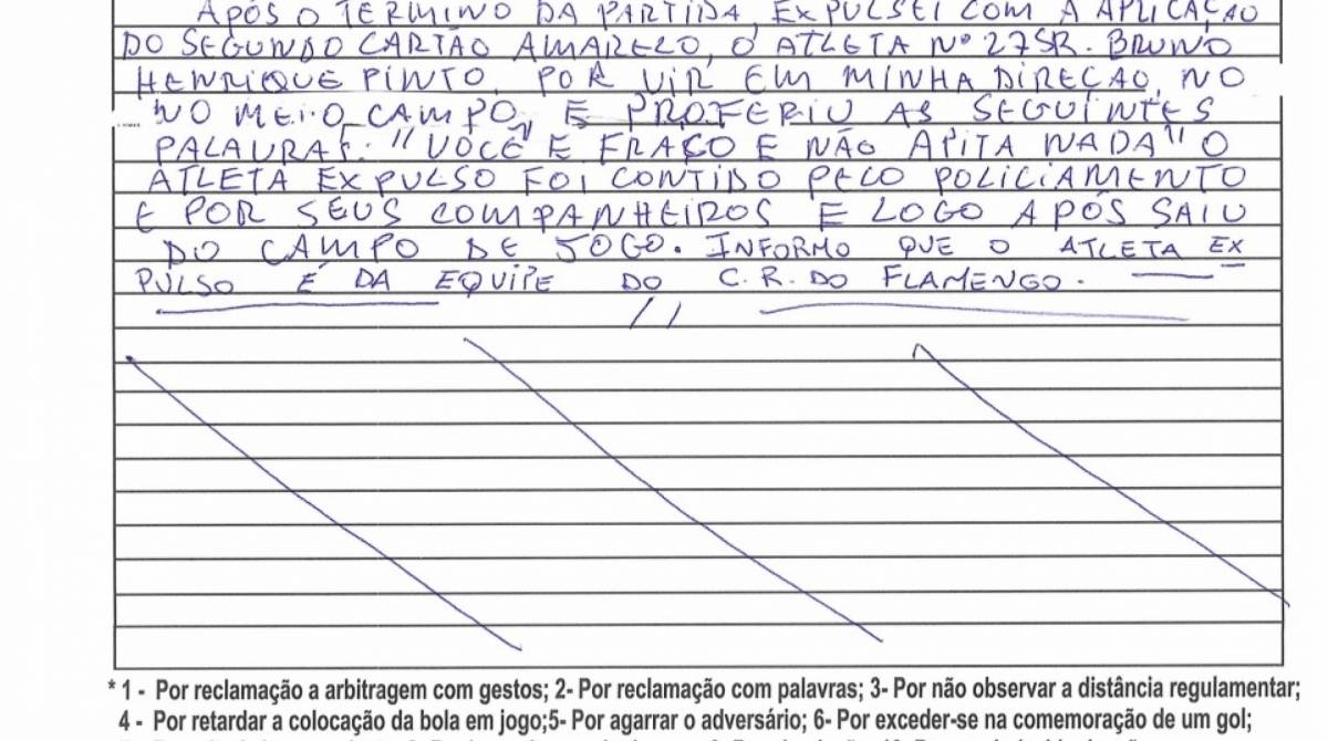 Súmula relata expulsão de Bruno Henrique