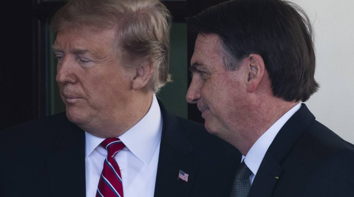 Presidente dos EUA, Donald Trump, recebe o presidente brasileiro Jair Bolsonaro na Casa Branca em Washington, DC, em 19 de mar&ccedil;o de 2019