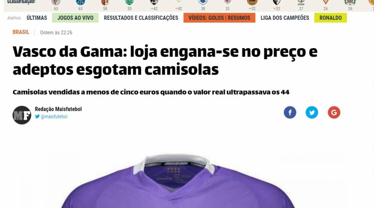 Site português repercute gafe com a camisa do Vasco