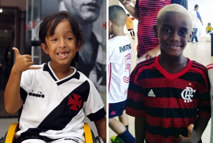 Heitor, torcedor mirim do Vasco, e Nego Ney, torcedor mirim do Flamengo