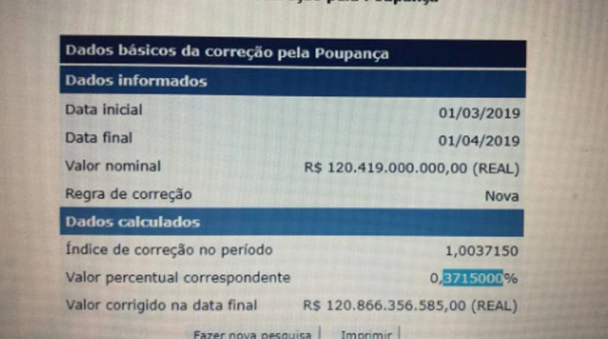 Cálculo do banco central sobre quanto renderia por mês.