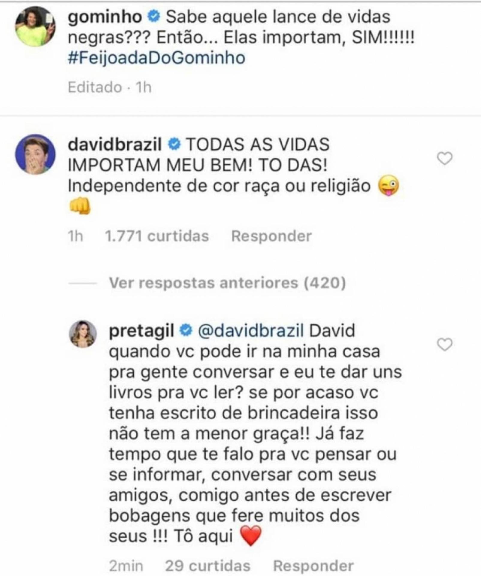 David Brazil leva bronca de Preta Gil após comentário em post sobre racismo