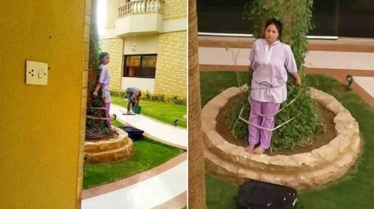 Empregada é amarrada a uma árvore na Arábia Saudita, como punição por ter falhado na limpeza da casa dos patrões - Reprodução/Metro.co.uk