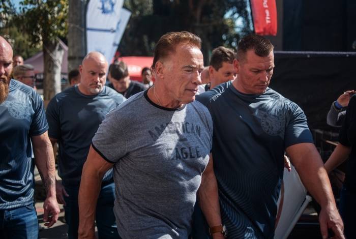 O ator norte-americano Arnold Schwarzenegger no Arnold Classic Africa, em Joanesburgo, África do Sul