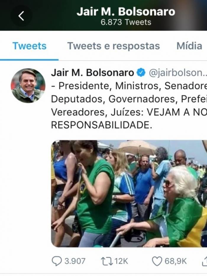 Presidente Jair Bolsonaro posta foto sobre manifesta&ccedil;&atilde;o no Twitter de idosa que j&aacute; faleceu