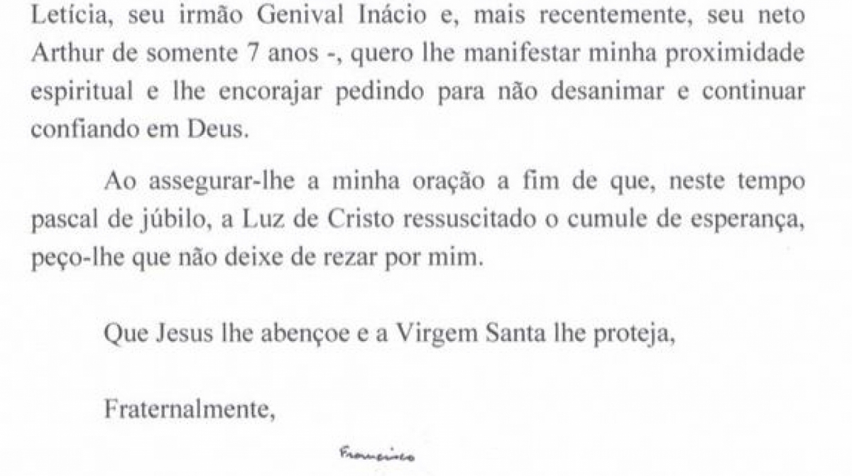 Papa Francisco diz que reza para que Lula não desanime diante das mortes de familiares, como a do neto Arthur, de 7 anos