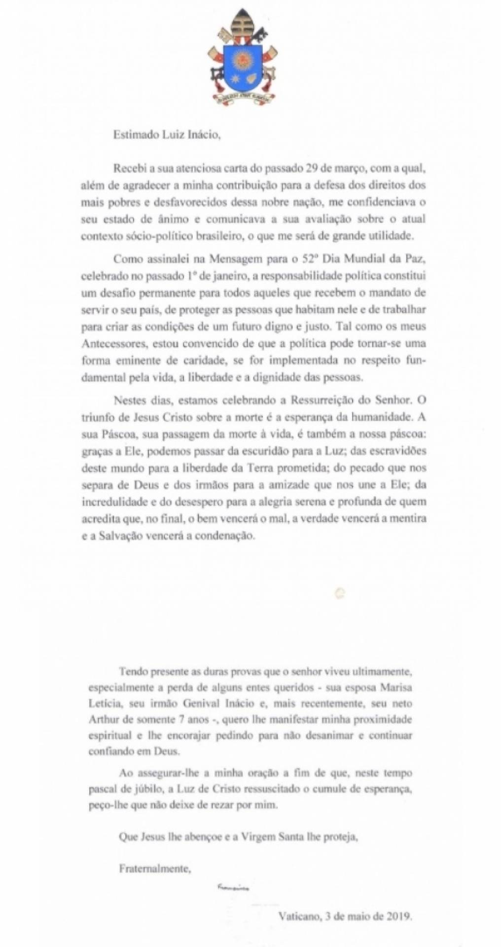 Carta do papa para o Lula