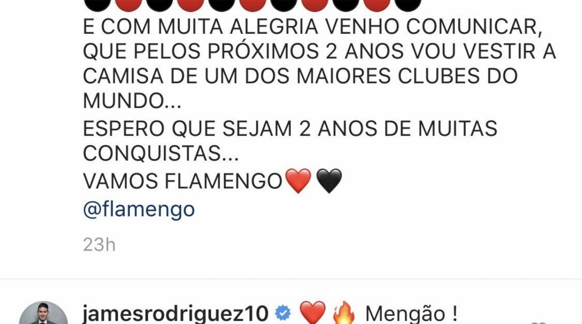 James Rodríguez cita \'Mengão\' ao desejar sorte a Rafinha