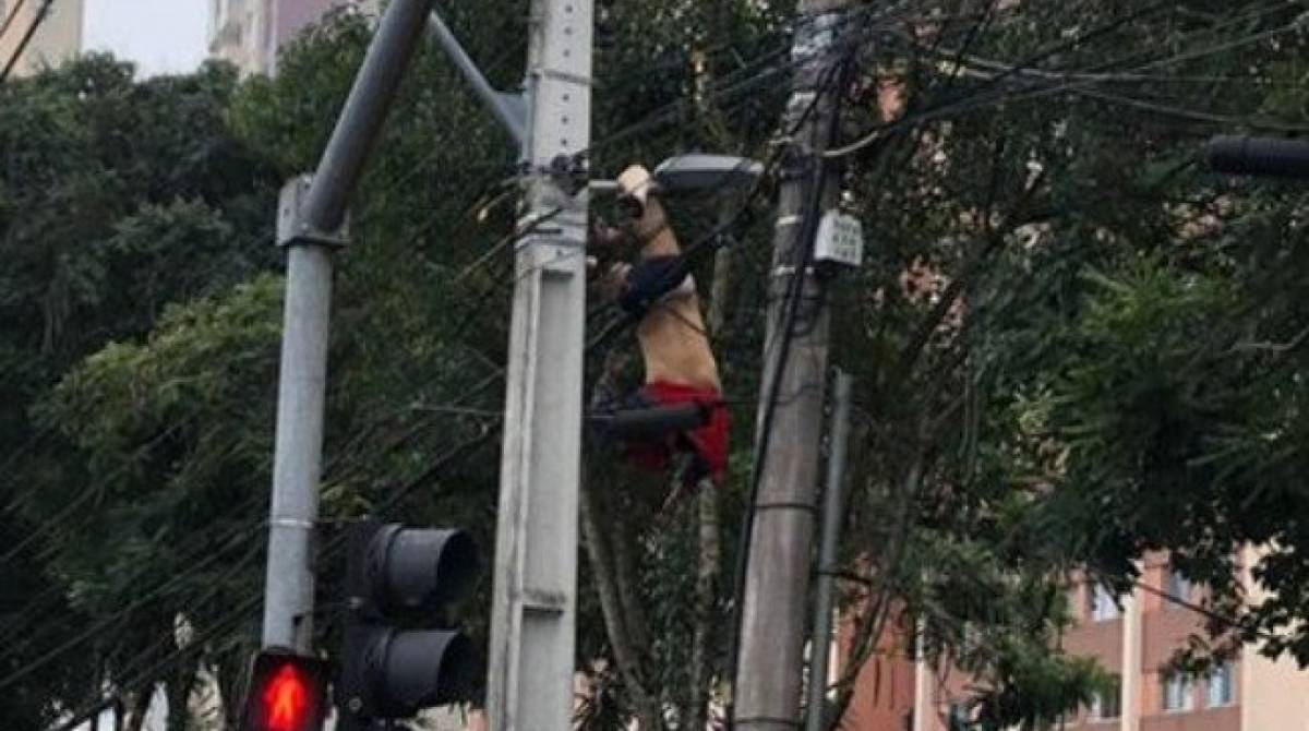 Ainda não se sabe o motivo de o homem ter escalado poeste de luz, mas autoridades suspeitam de tentativa de furto
 - Reprodução/Twitter