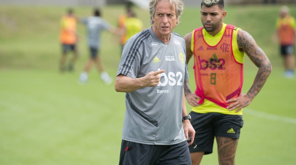 O primeiro treino do t&eacute;cnico Jorge Jesus no Flamengo, no Ninho do Urubu