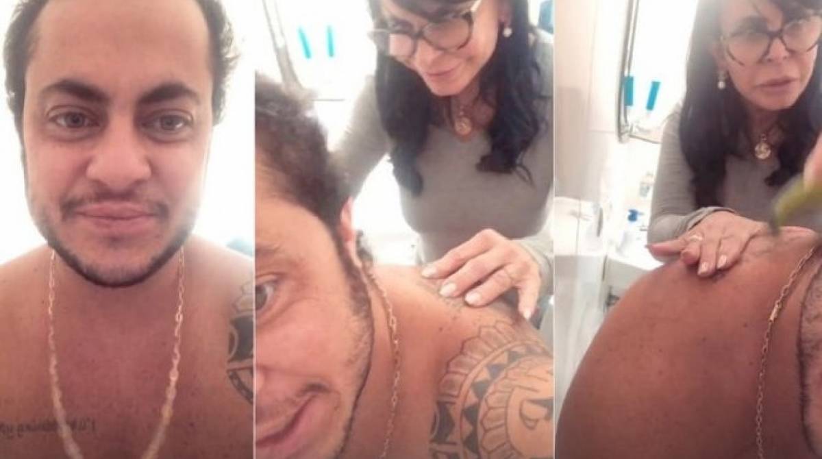 Gretchen aparece raspando as costas de Thammy - Reprodução