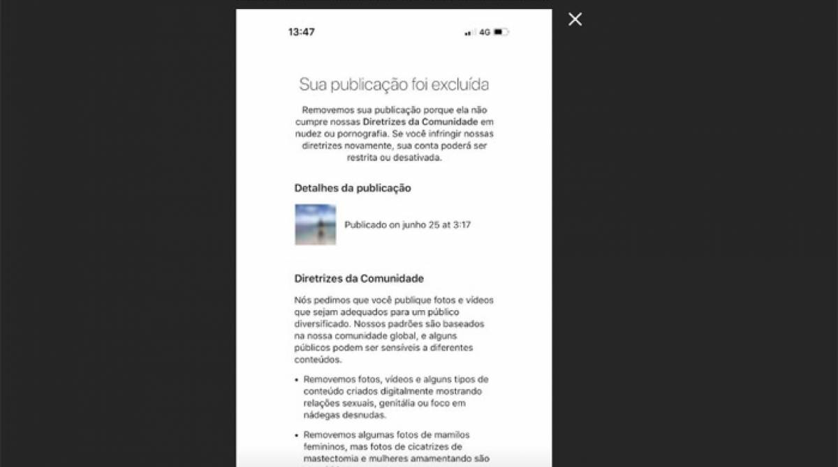 Publicação de Paulo Vilhena foi excluída por não cumprir as Diretrizes do Instagram