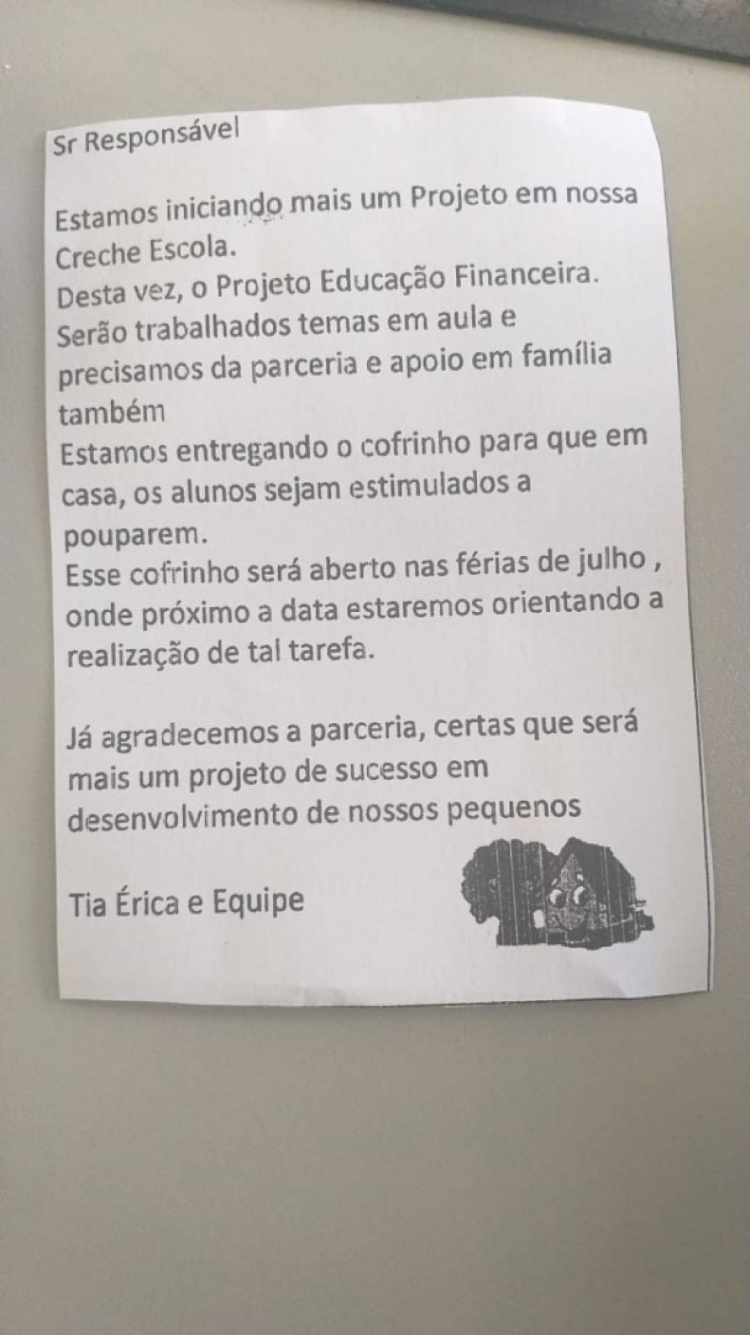 Cartinha explicativa para os pais sobre o projeto do cofrinho.