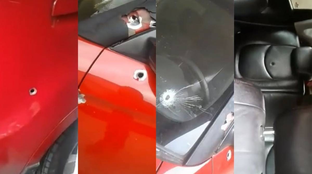 Carro foi atingido por vários tiros dados por agente penitenciário - Montagem com reprodução de vídeo /  Redes sociais