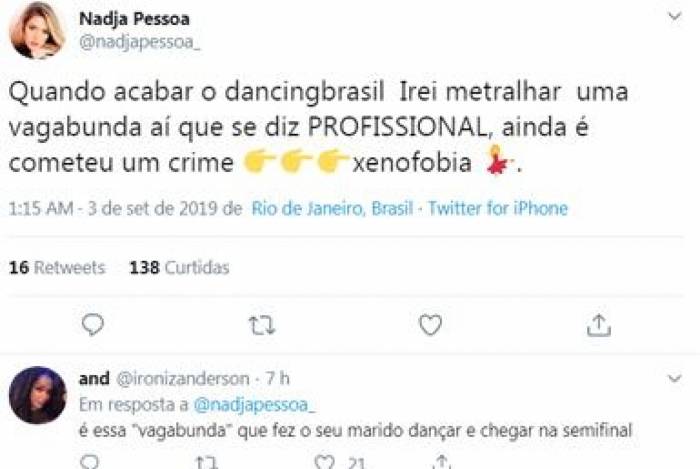 Nadja Pessoa surta na web e manda suposta indireta para bailarina do 'Dancing Brasil'