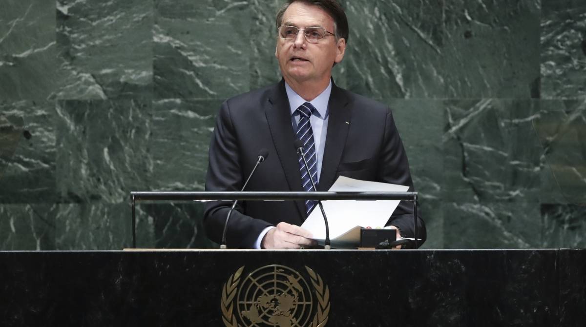 NEW YORK, NY - SEPTEMBER 24: President of Brazil Jair Messias Bolsonaro addresses the United Nations General Assembly at UN headquarters on September 24, 2019 in New York City. World leaders from across the globe are gathered at the 74th session of the UN General Assembly, amid crises ranging from climate change to possible conflict between Iran and the United States.   Drew Angerer/Getty Images/AFP
