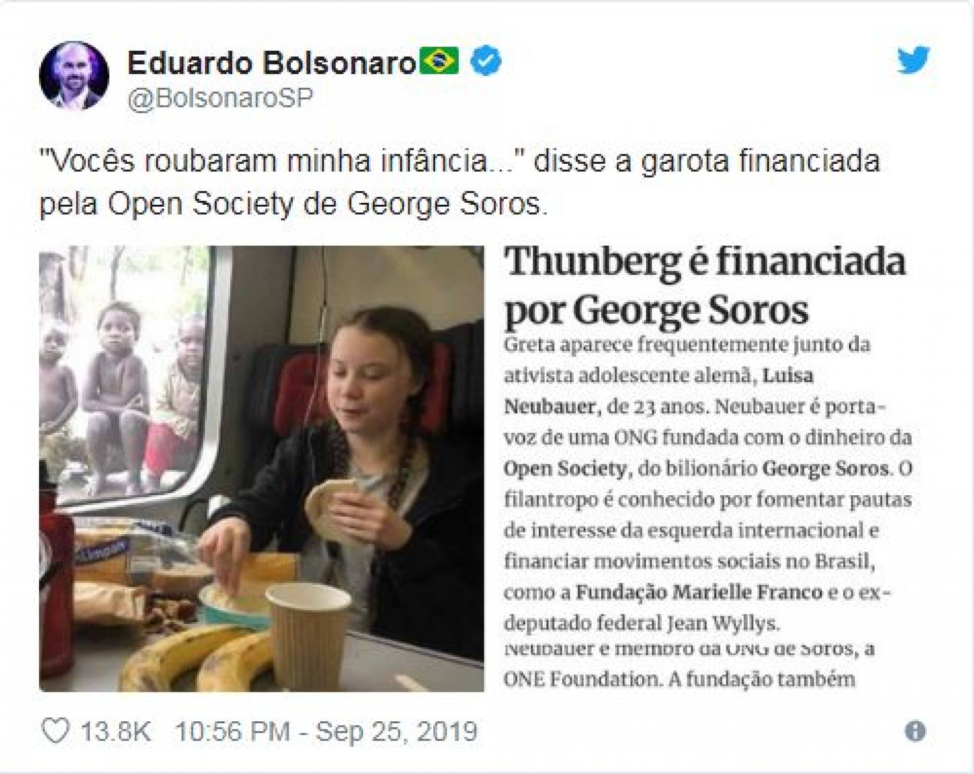 Eduardo Bolsonaro ataca ativista adolescente Greta Thunberg com imagem falsa