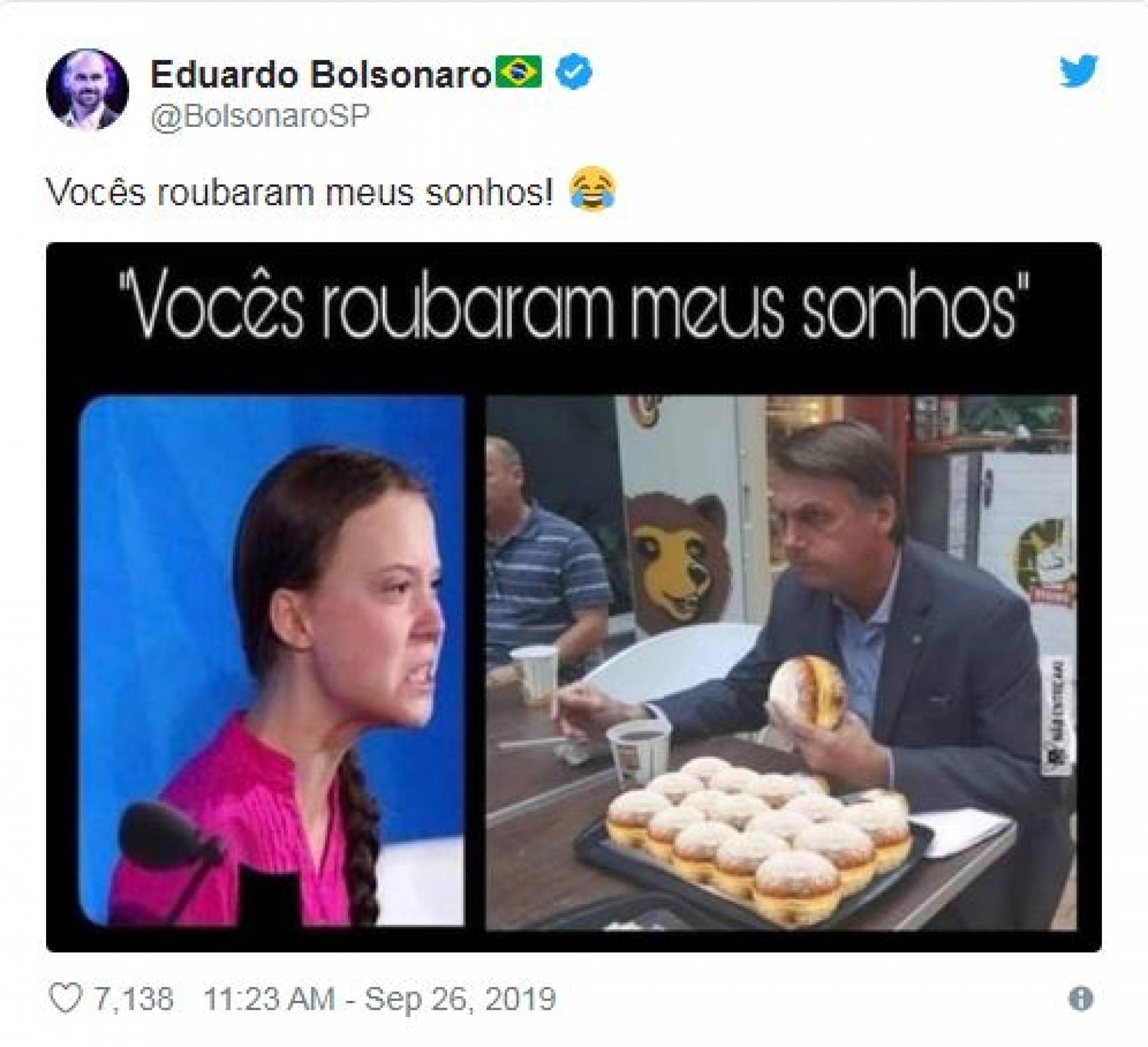 Eduardo Bolsonaro ataca ativista adolescente Greta Thunberg com imagem falsa