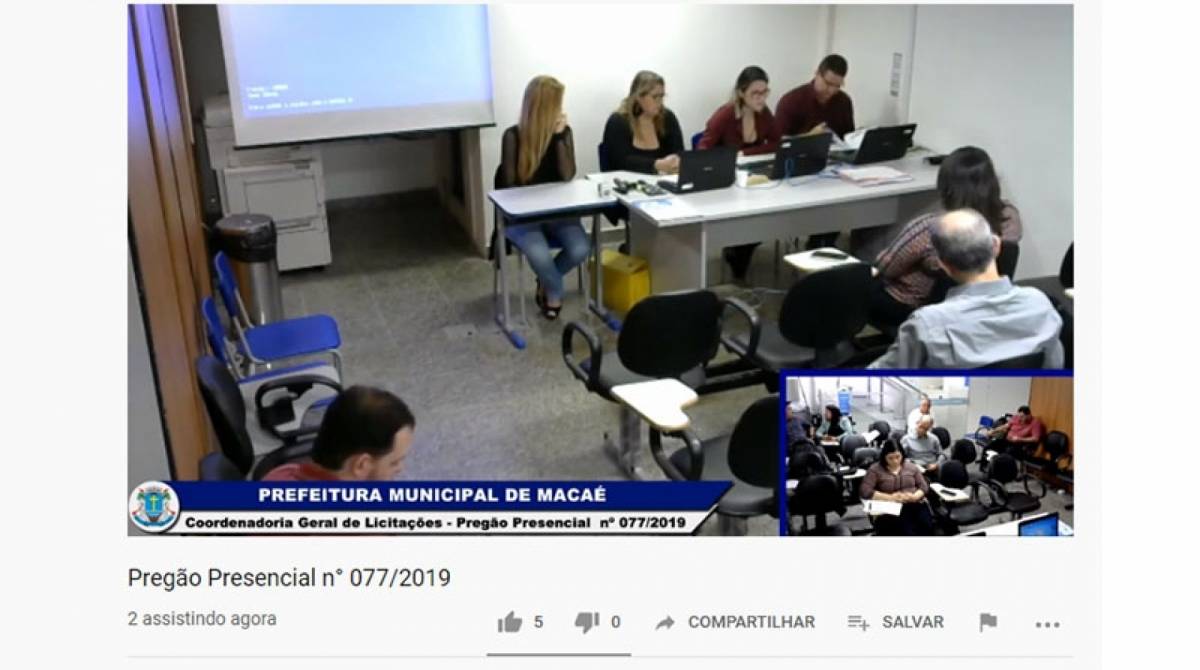 É possível acompanhar as transmissões ao vivo dos pregões licitatórios da prefeitura de Macaé em um canal do YouTube - Reprodução