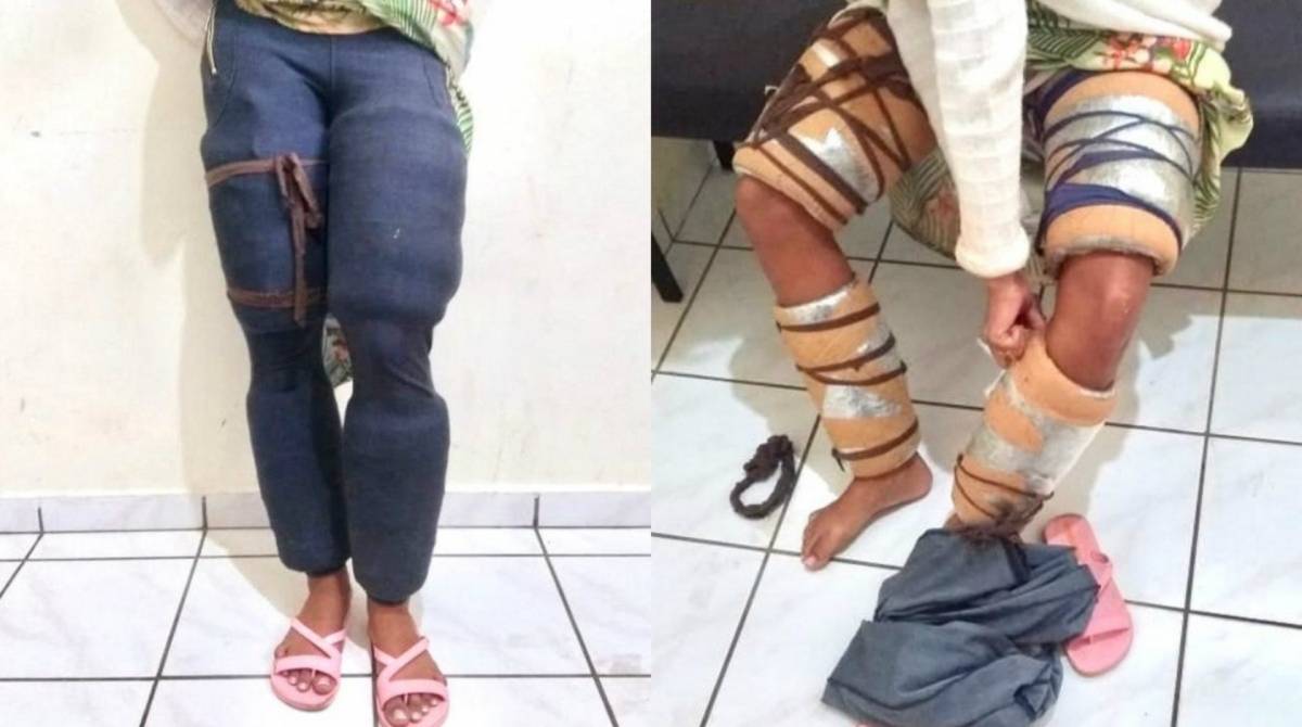 Mulher estava com droga amarrada dentro da calça - Polícia Militar do MS / Divulgação