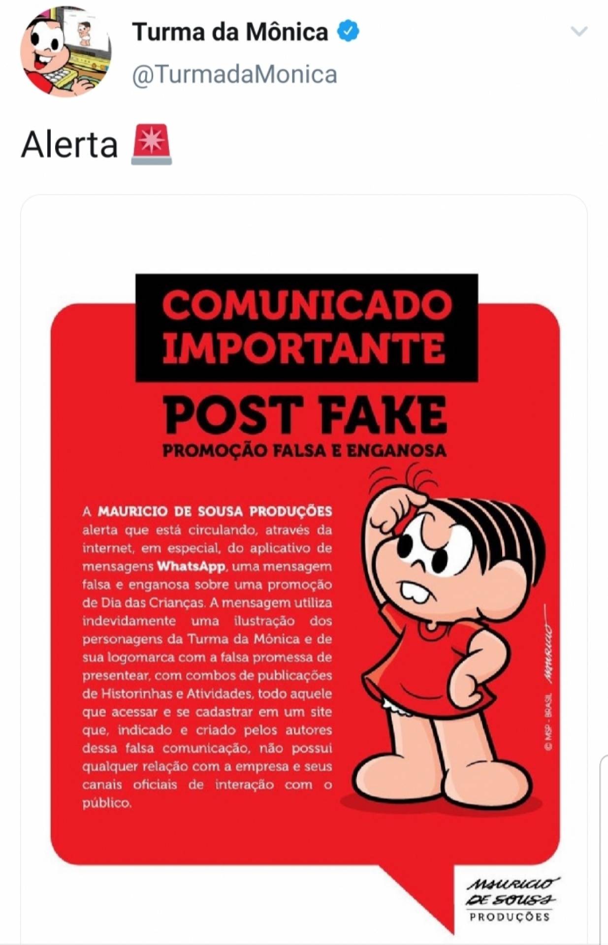 Pelo Twitter Maurício de Sousa alertava sobre o golpe envolvendo o nome da Turma da Mônica