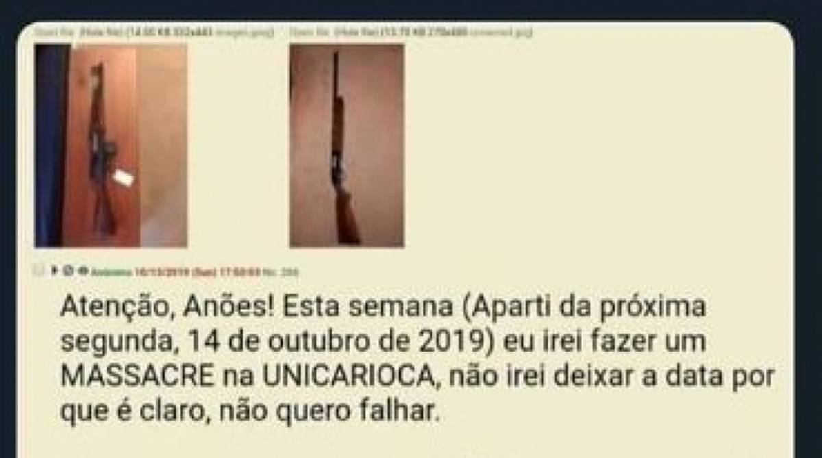 Amea&ccedil;a de atentado &agrave; UniCarioca foi publicada em um f&oacute;rum
