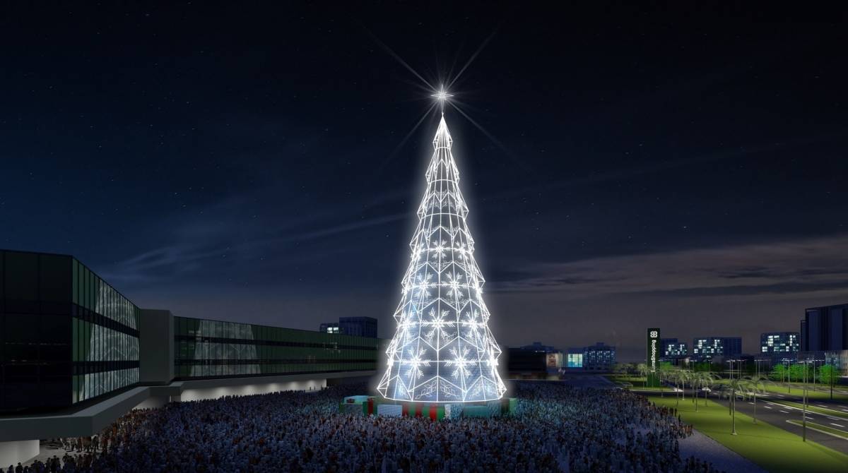 &Aacute;rvore de Natal de 70m de altura, cinco a mais do que no ano passado (equivalente a um edif&iacute;cio de 23 andares), produzida em estrutura met&aacute;lica, com 60 mil metros de mangueiras luminosas de LED de v&aacute;rias cores, que enfeitar&aacute; o shopping at&eacute; o in&iacute;cio de janeiro - DIVULGA&Ccedil;&Atilde;O