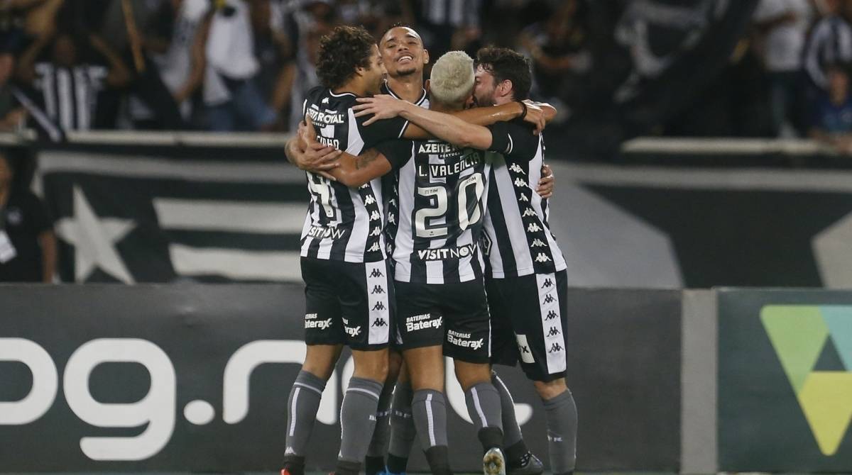 Luiz Fernando é abraçado pelos companheiros: vitória muito suada e fundamental no Nilton Santos - Botafogo / Divulgação