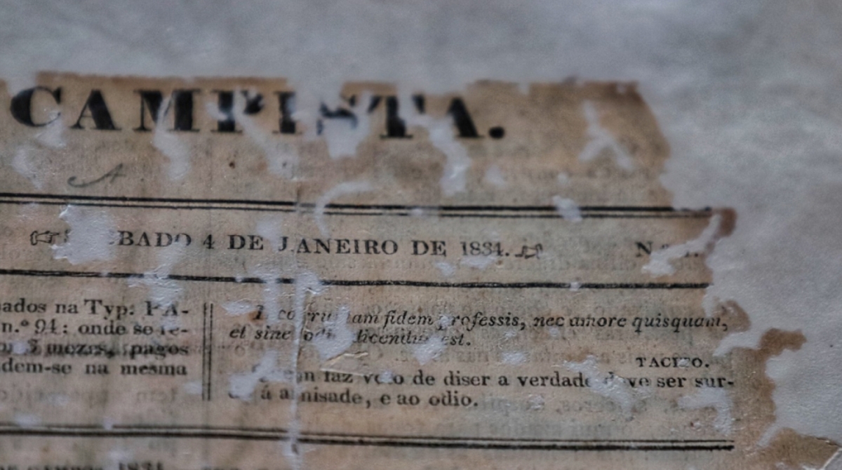 Página restaurada do jornal Monitor Campista, fundado em 1834 e que fechou as portas em 2009 - Antônio Cruz/Divulgação prefeitura de Campos