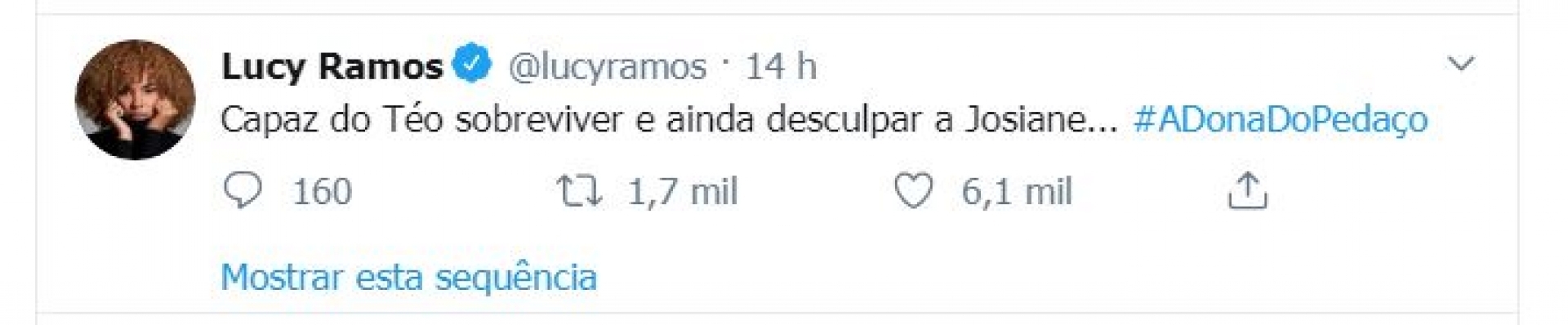 A atriz Lucy Ramos sobre o personagem Téo (Rainer Cadete)