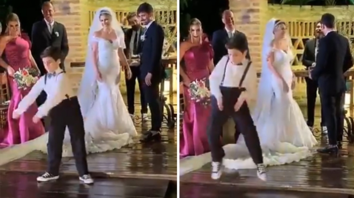 Pequeno pajem caminhou até os noivos ao som de uma música do filme 'Moana' e performou para os convidados - Reprodução/Twitter/@mat_morelli