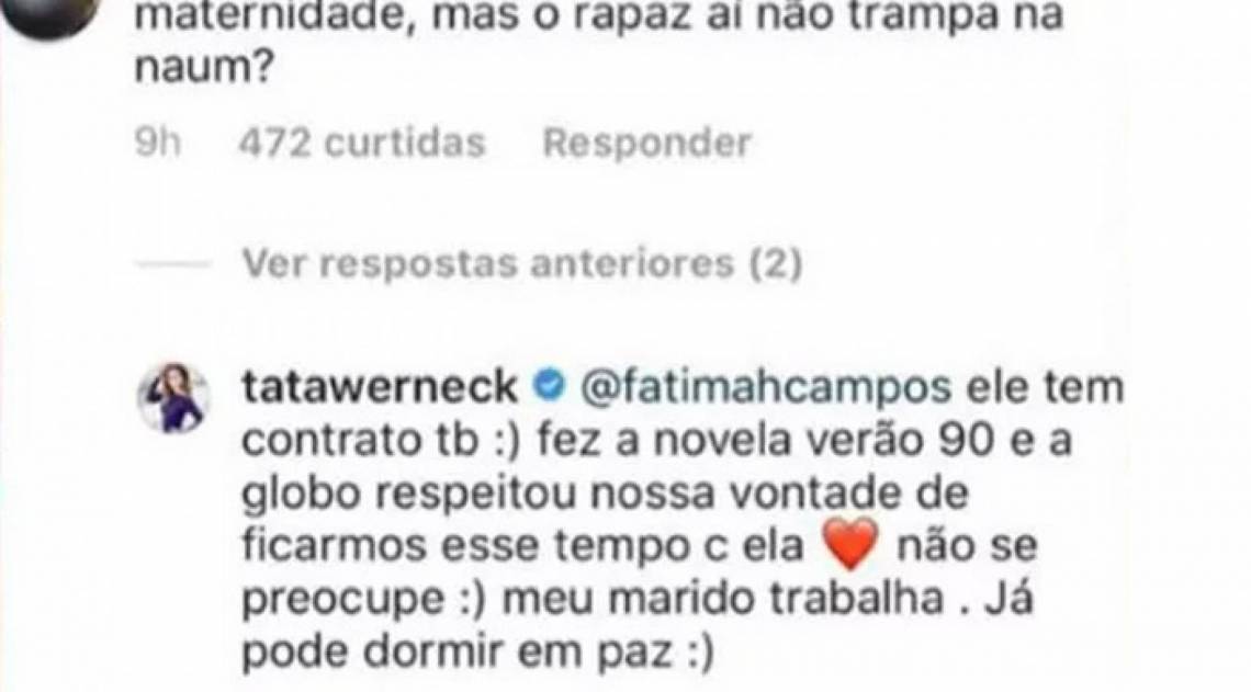 Tat&aacute; Werneck d&aacute; fora em seguidora que perguntou sobre emprego do marido