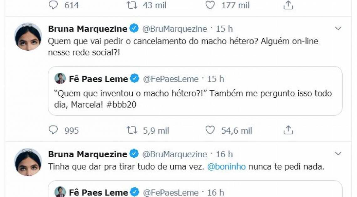 Print das postagens de Bruna Marquezine no Twitter sobre Petrix no 'BBB 20'
