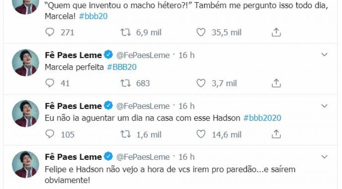 Print das postagens de Fernanda Paes Leme no Twitter sobre Petrix no 'BBB 20'