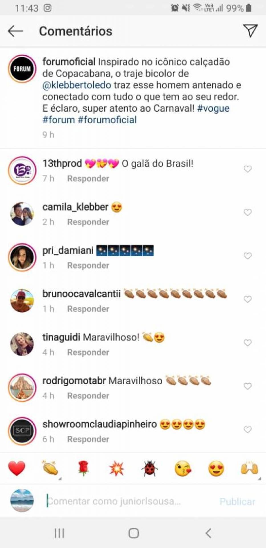 Post com elogios da empresa de Klebber Toledo