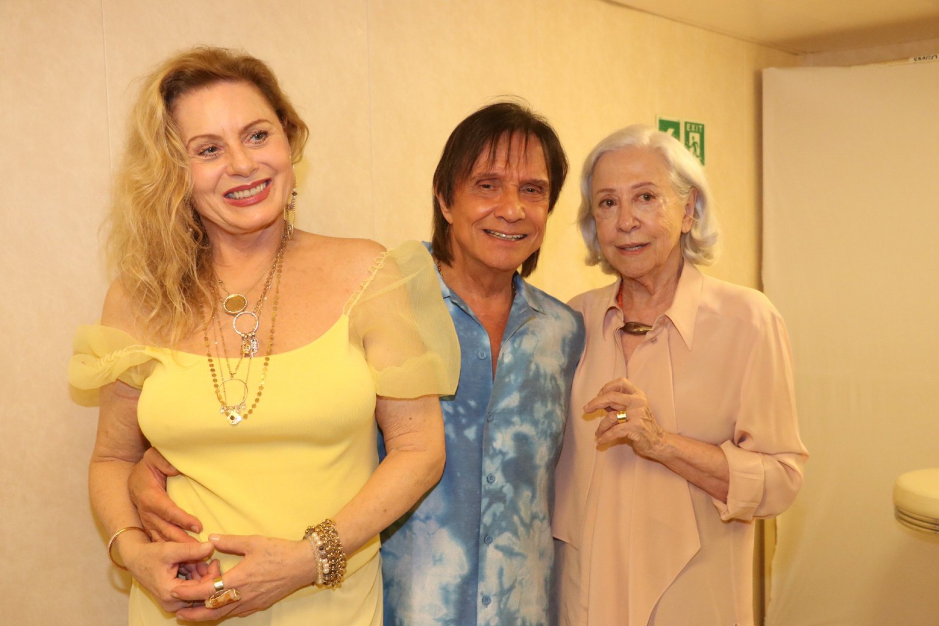 À dir., Roberto Carlos com Vera Fischer e Fernanda Montenegro no navio. Abaixo, o Rei no show 'Emoções em Alto Mar'
 - Agnews
