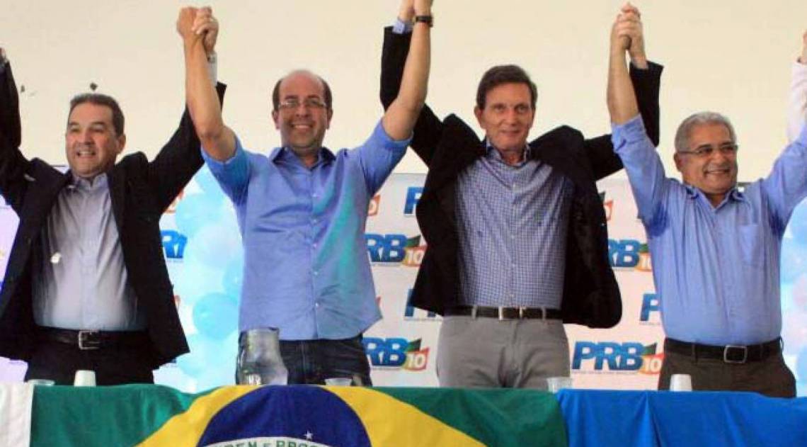 Da esquerda para a direita, Eduardo Lopes, Rafael Alves e Crivella, em evento do Republicanos