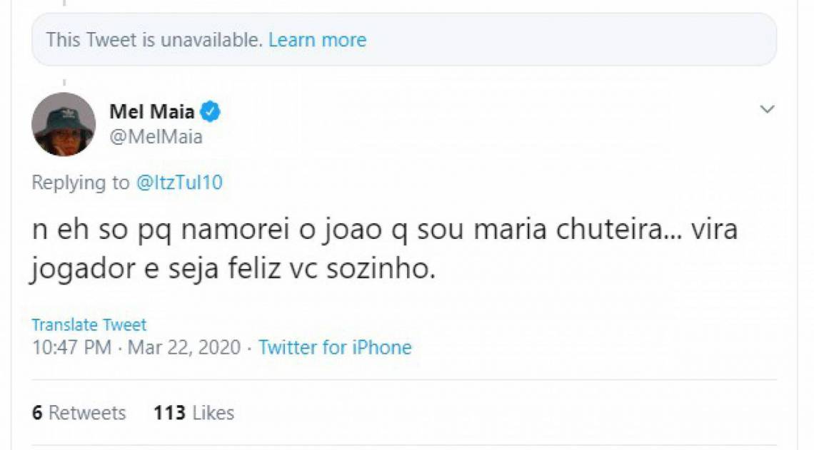 Mel Maia rebate comentário de internauta: 'não sou maria chuteira'