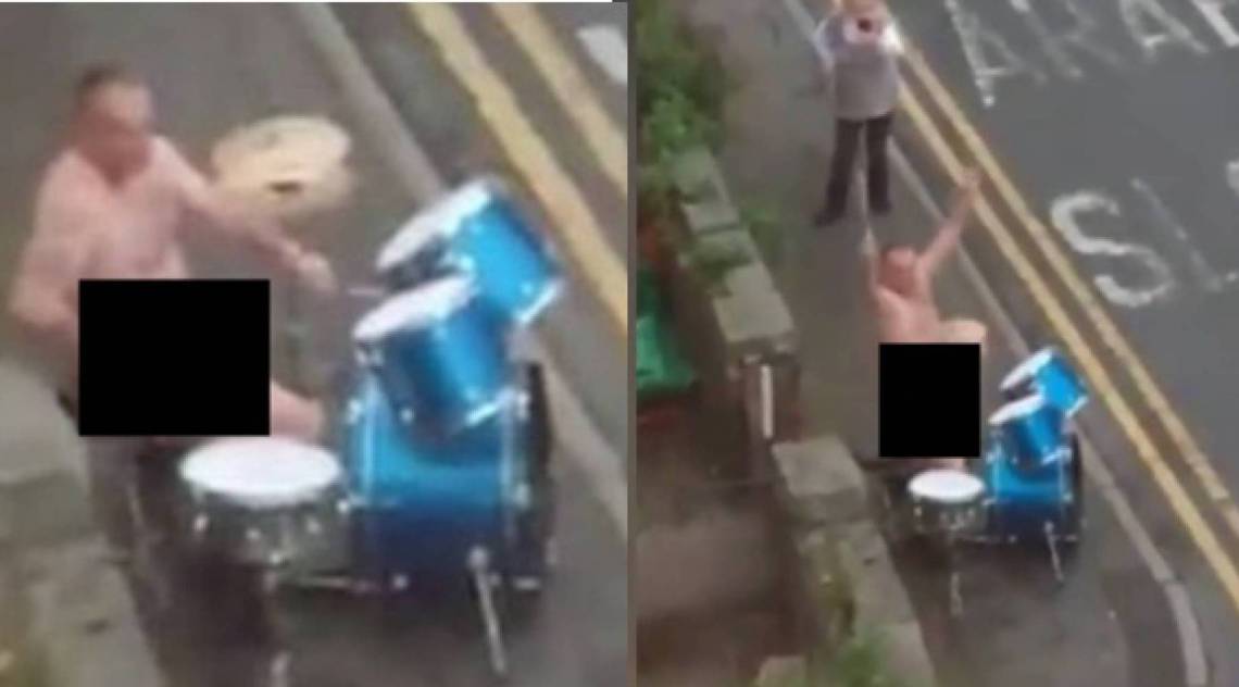 Homem toca bateria pelado - Reprodução Twitter