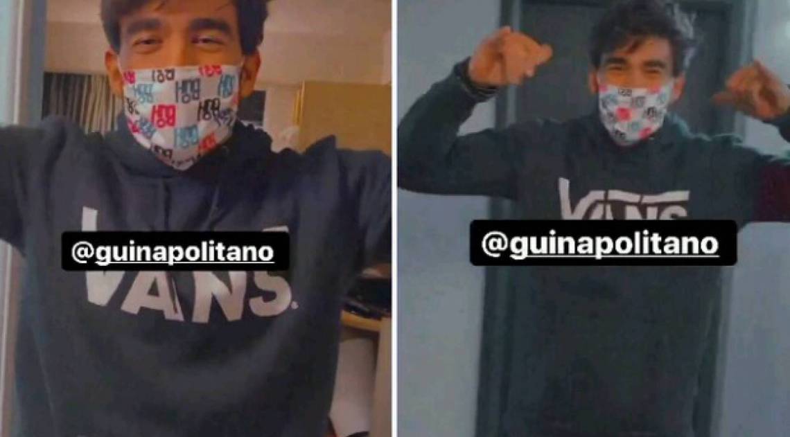 Guilherme, usando m&aacute;scara, no hotel em que Flay est&aacute; hospedada