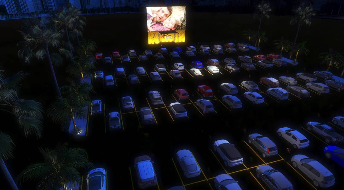 Arte do Dream Park com visão aérea do estacionamento com carros intercalados 