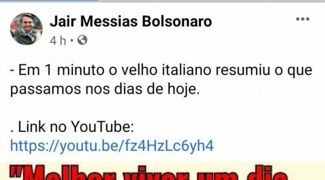 Bolsonaro posta v&iacute;deo com frase de l&iacute;der fascista