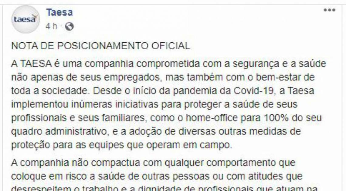 Nota da empresa Taesa explicando a demissão da então funcionária que ofendeu um agente da Prefeitura do Rio