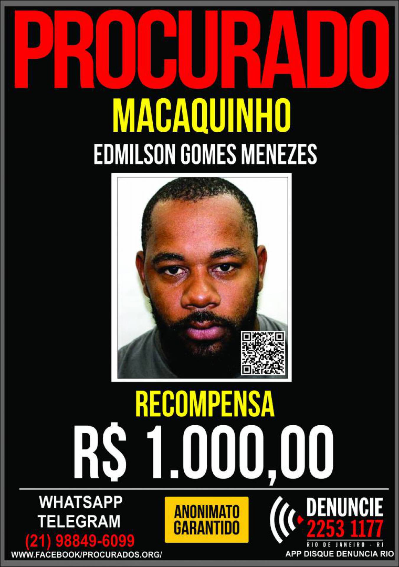 Portal dos Procurados oferece recompensa para descobrir paradeiro do miliciano Edmilson Gomes Menezes