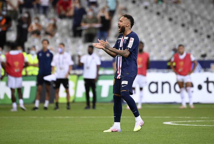 Paris Saint-Germain's Brazilian forward Neymar reacts after scoring his penalty of the penalty shoot-out during the French League Cup final football match between Paris Saint-Germain vs Olympique Lyonnais at the Stade de France in Saint-Denis on July 31, 2020