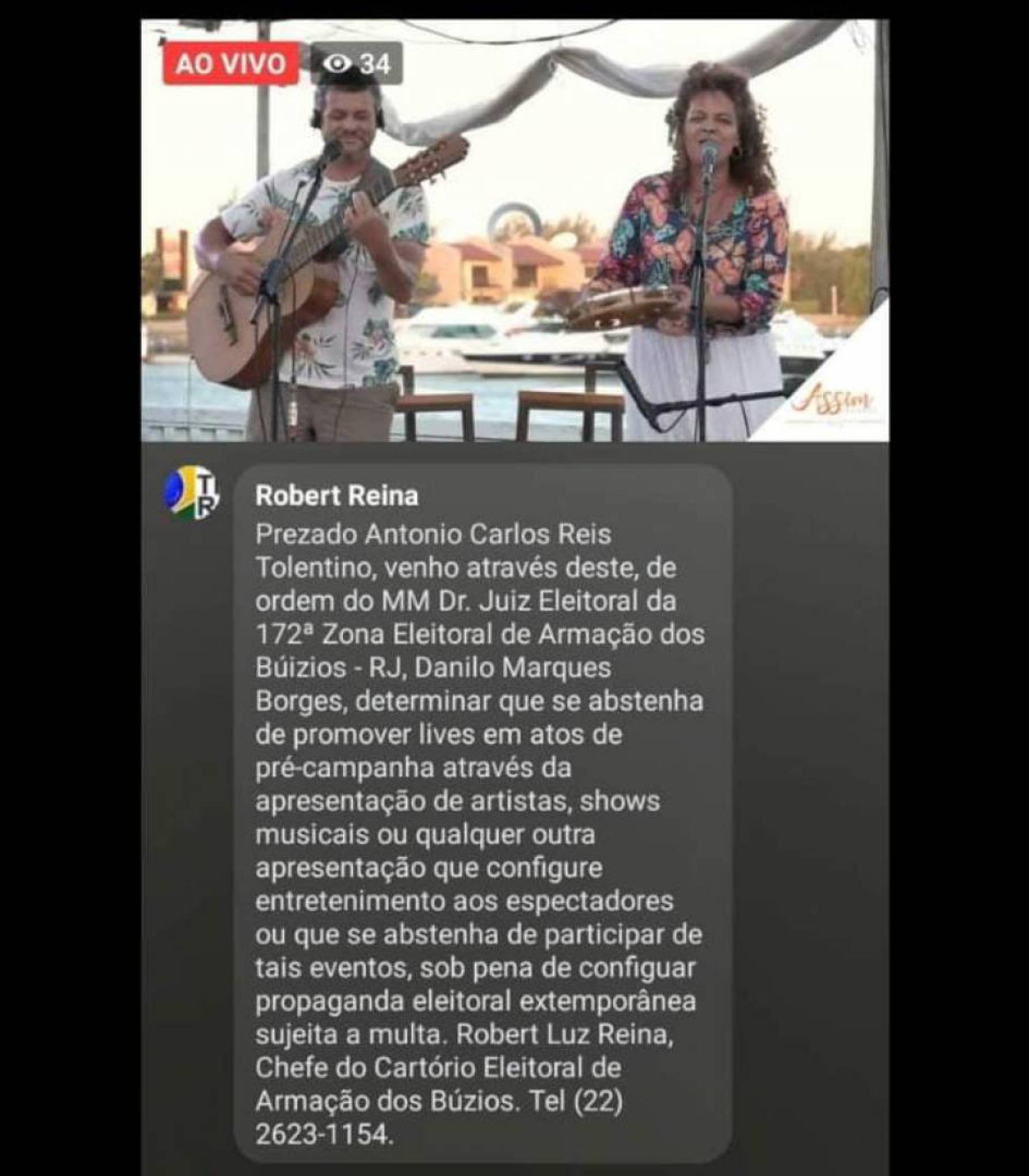 Print da intimação do TRE-RJ ao pré-candidato a Prefeito de Búzios, Tolentino Reis em 'livemício', proibido pela justiça 