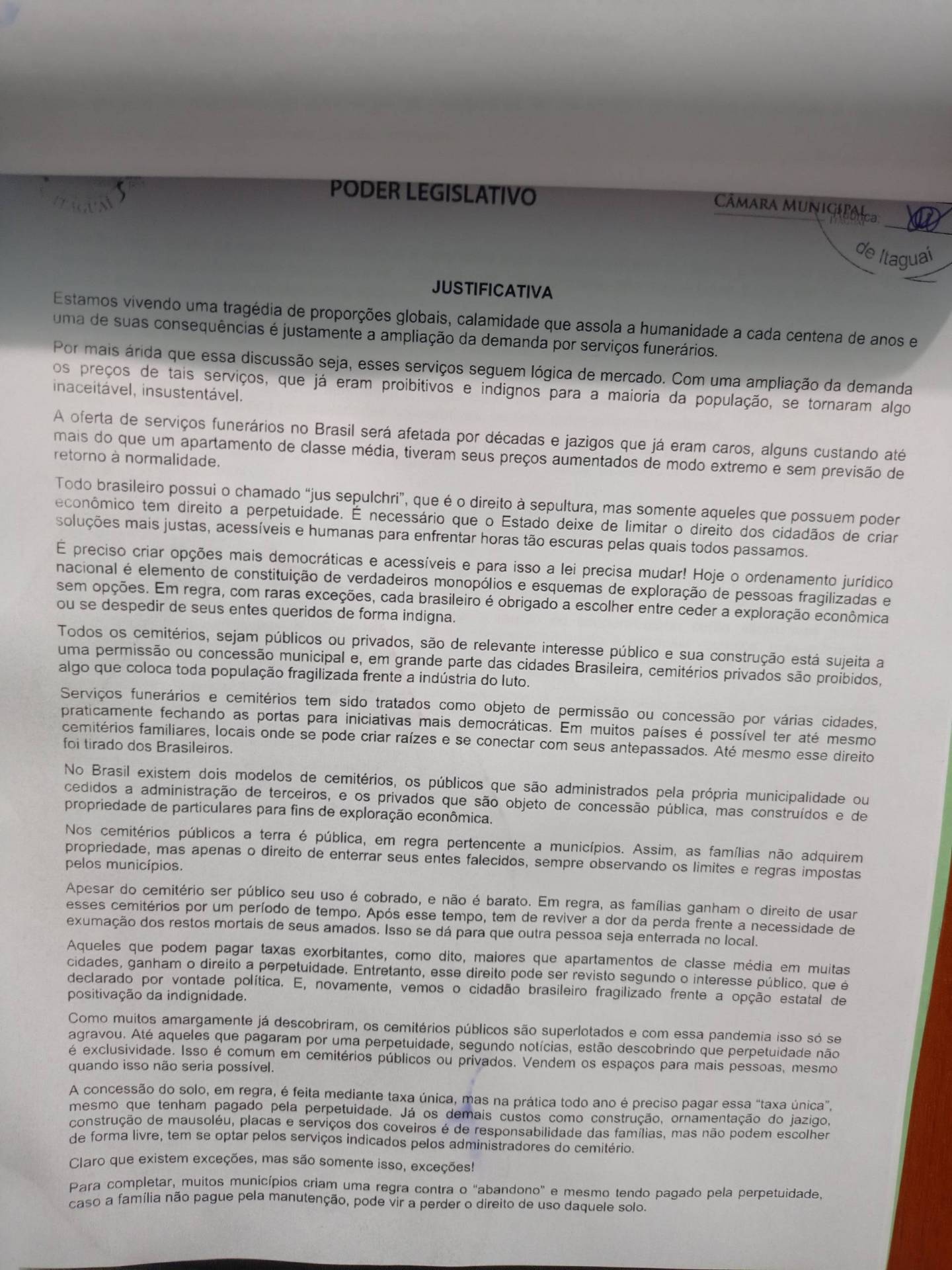 O texto com justificativas para a aprovação da lei: iniciativa privada melhoraria oferta dos serviços funerários na cidade