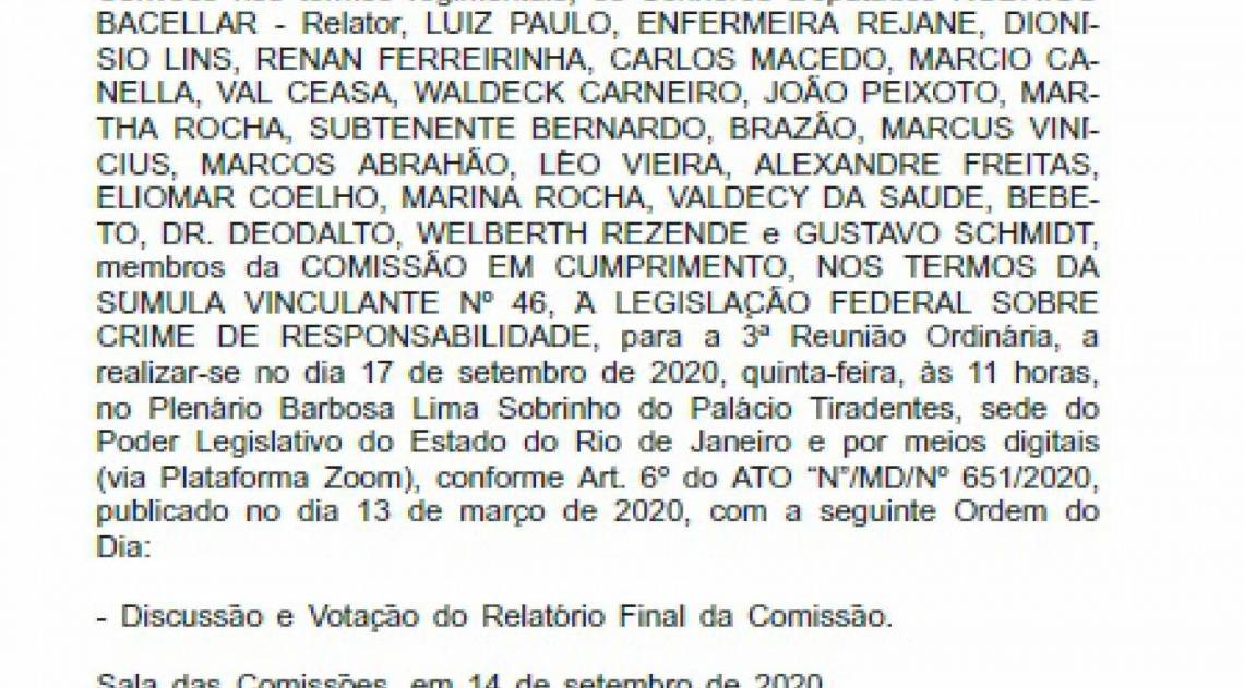 Comissão é convocada para votar relatório final sobre Impeachment de Witzel na Alerj