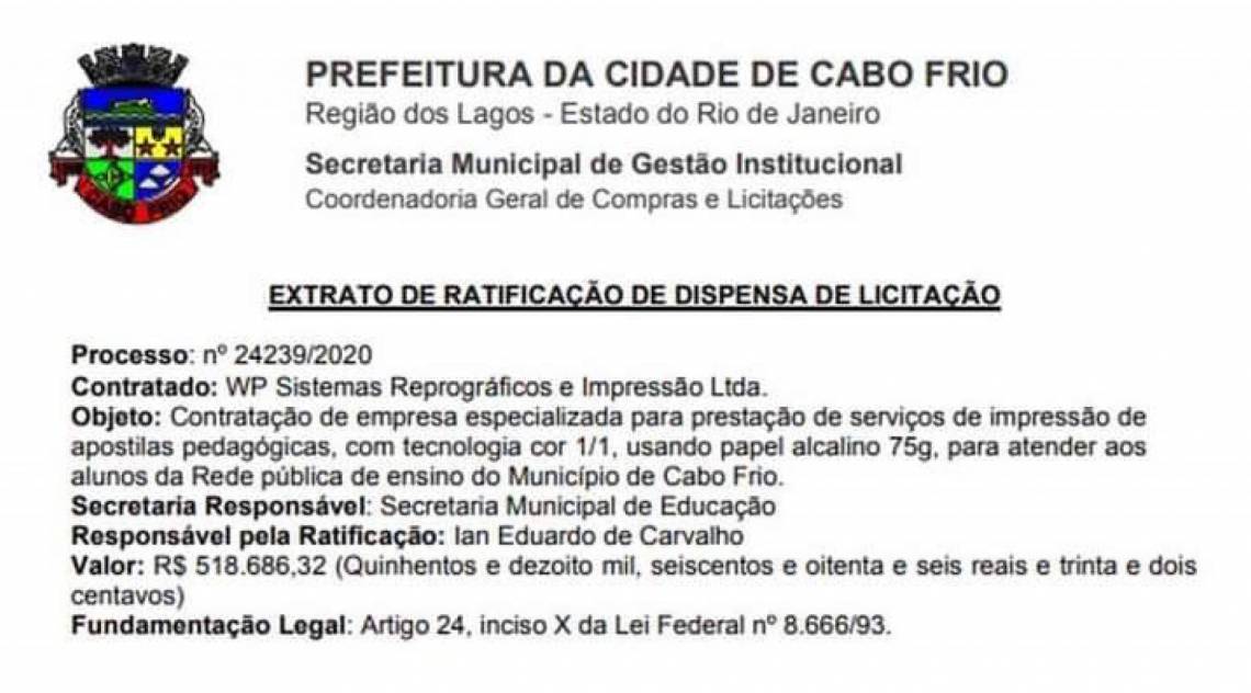 Prefeitura de Cabo Frio paga R$ 518 mil reais por apostilas de alunos da rede pública de ensino  