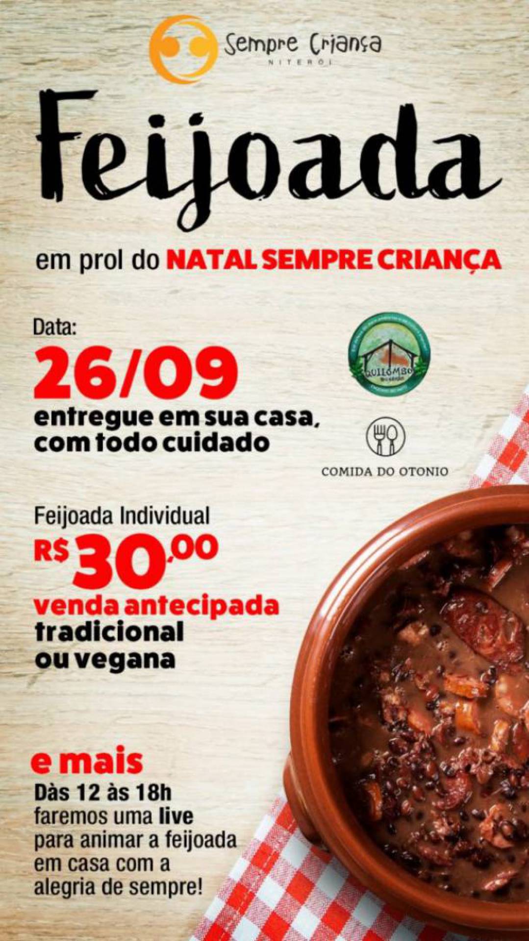 Feijoada custará R$ 30,00 e conta com opção vegana - Foto Divulgação
